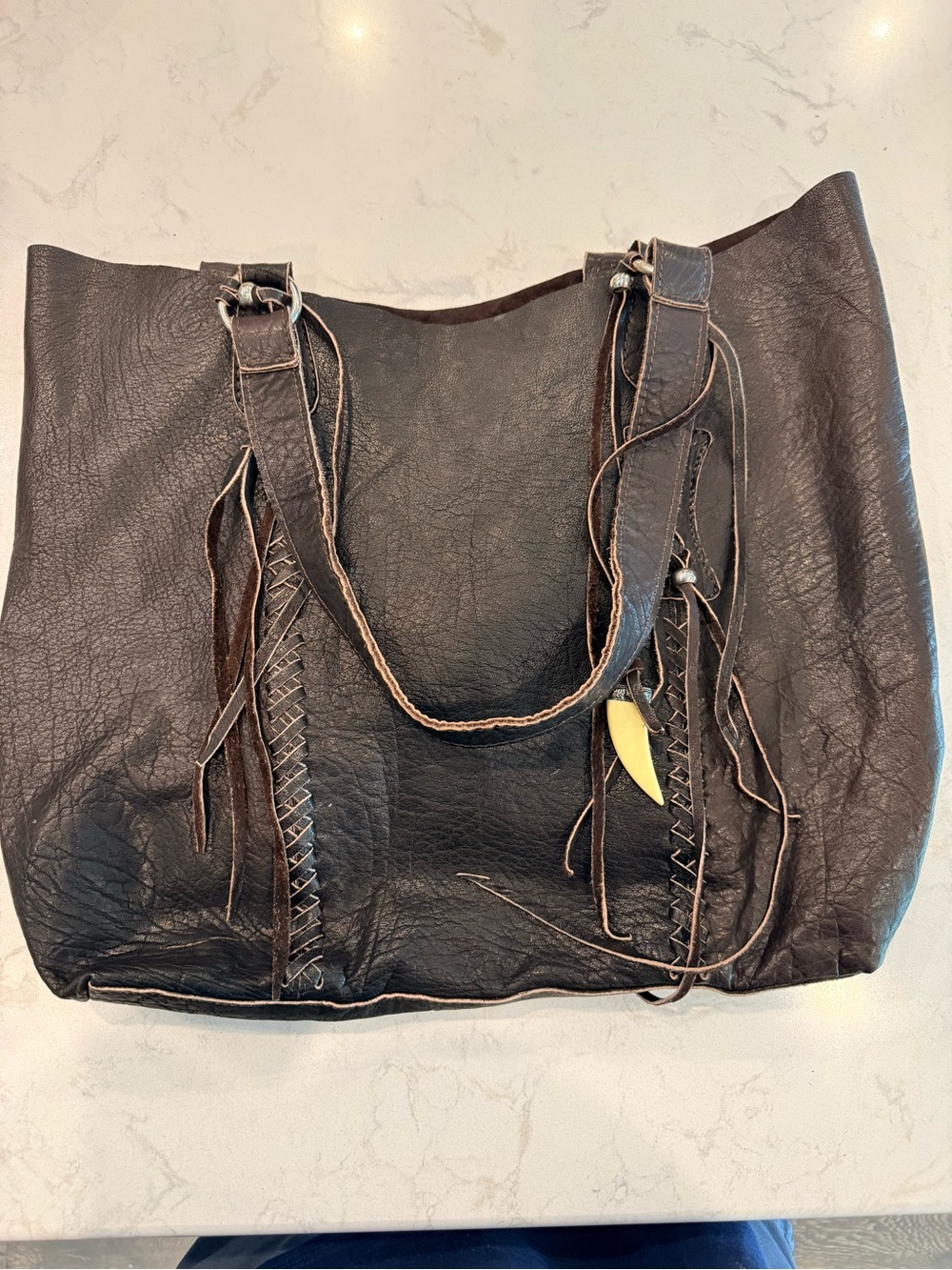 Leather Fringe Tote Bag in Dark Brown